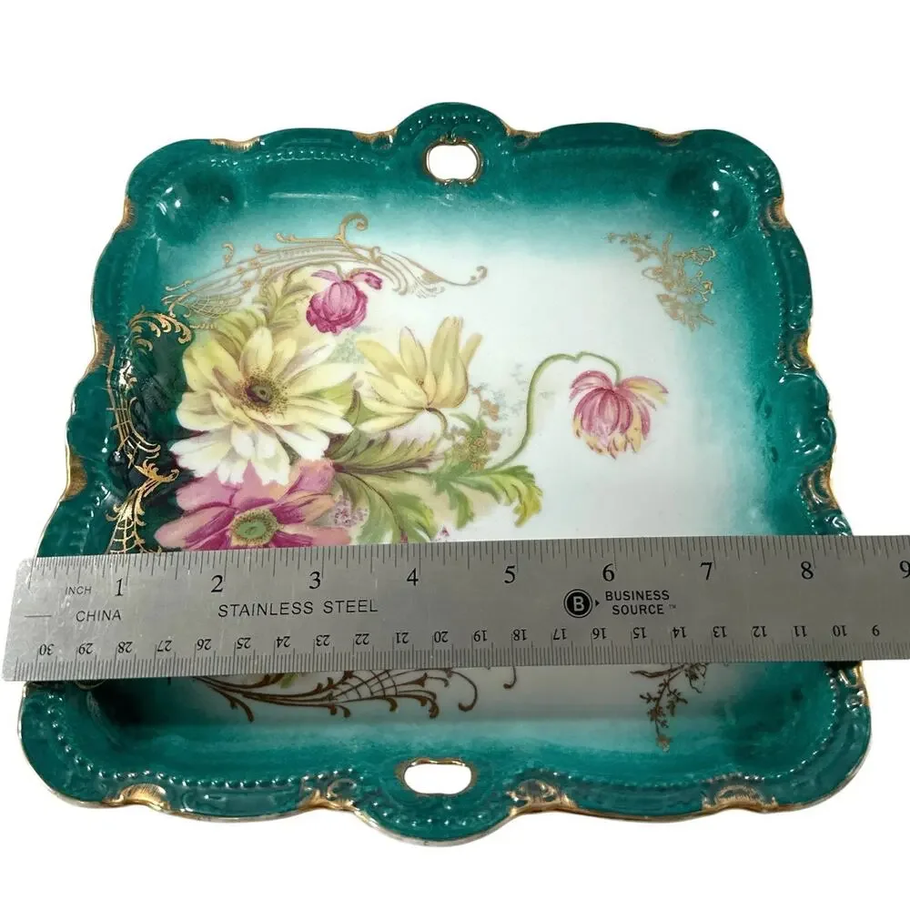 Antique PM Bavaria Hand Painted Floral Porcelain Serving Tray Gold Gilt 8.5”